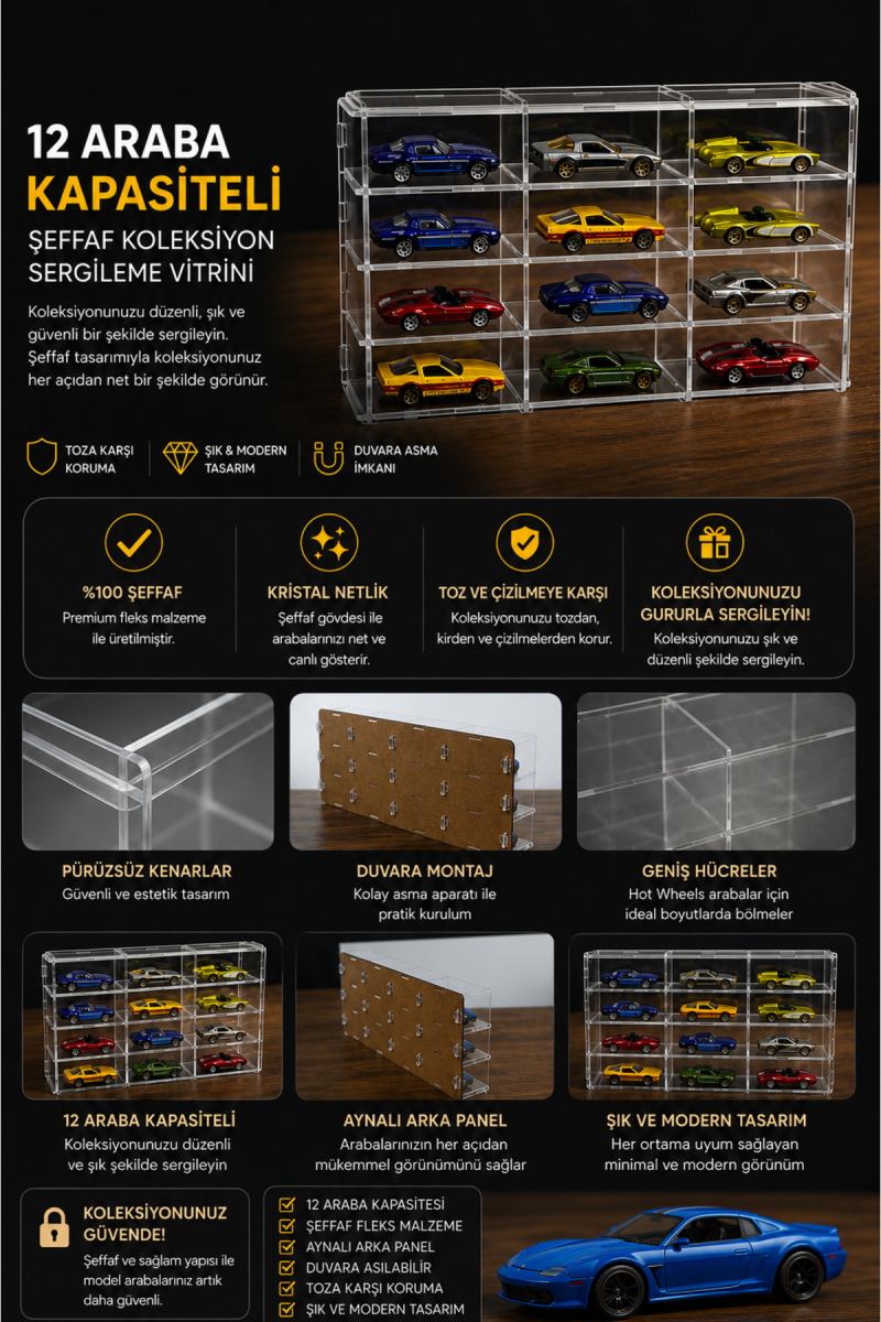 12 Model Araç Kapasiteli Şeffaf Fleks Koleksiyon Standı – Aynalı Arka Panel