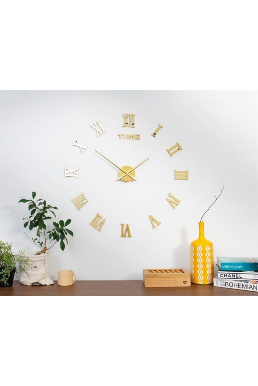 3d Gold Ayna Roma Rakamlı Dekoratif Büyük Boy Duvar Saati Rakam Boyları 7 cm MDF Üzeri Gold Pleksi