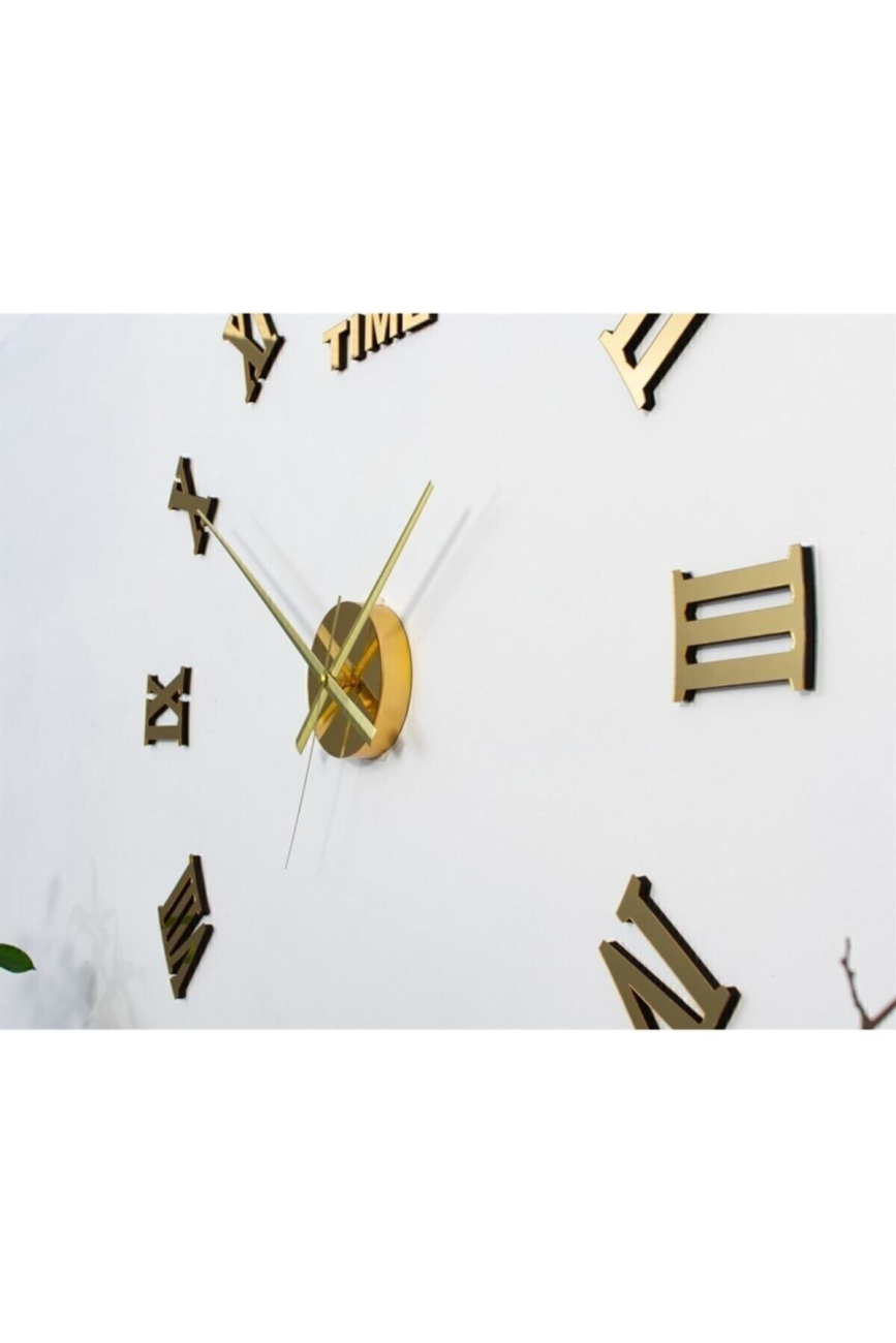 3d Gold Ayna Roma Rakamlı Dekoratif Büyük Boy Duvar Saati Rakam Boyları 7 cm MDF Üzeri Gold Pleksi