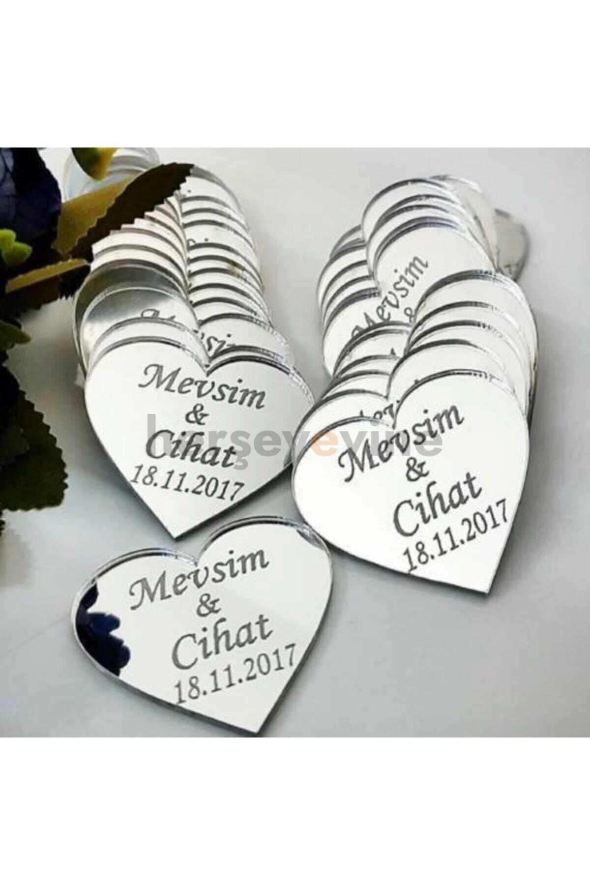 3 Cm Kalp Pleksi Ayna Etiket - Söz - Nişan - Nikah Şekeri Süsleme Malzemesi 10 Adet