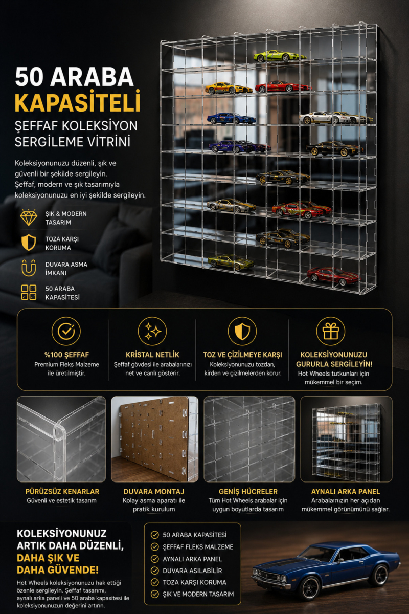 50 Araç Kapasiteli Şeffaf Fleks Koleksiyon Standı – Aynalı Arka Panel
