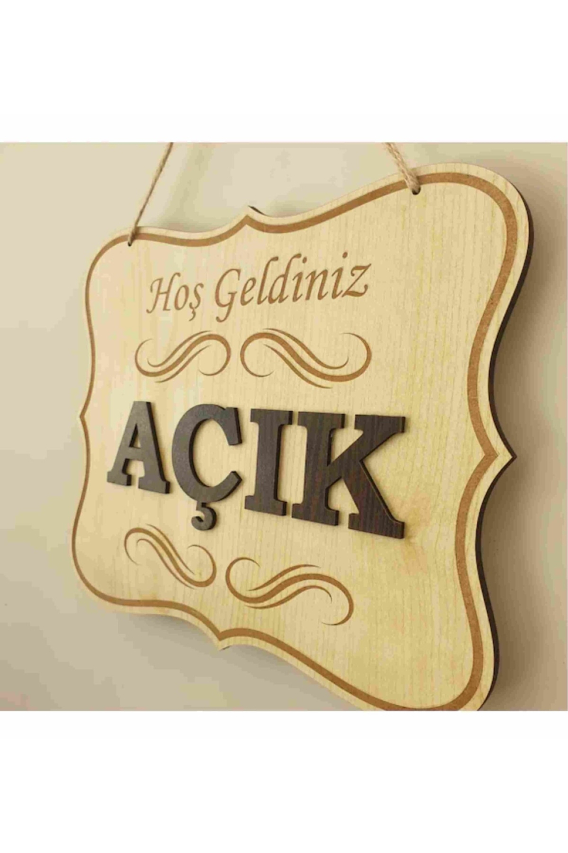 Açık Kapalı Yazılı Levha Ahşap Kabartma Mağaza Kapı Yönlendirme.