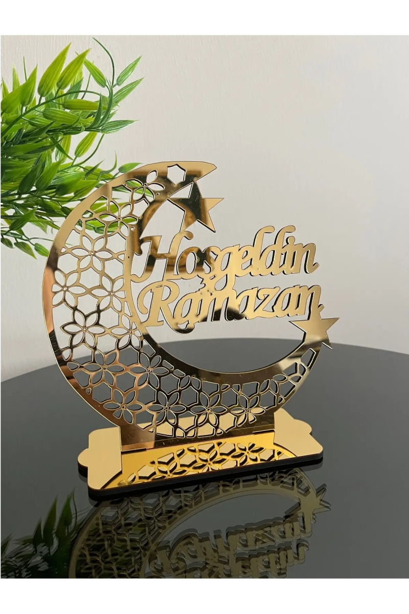 altın pleksi Hoşgeldin Ramazan hilal içi papatya desenli süs dekoratif