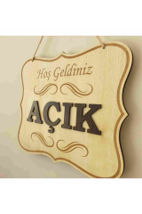 Açık Kapalı Yazılı Levha Ahşap Kabartma Mağaza Kapı Yönlendirme.