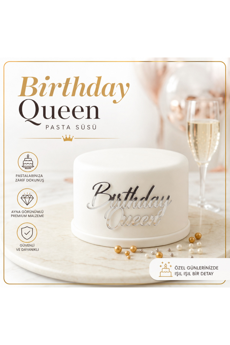 Birthday Queen Gümüş Pleksi Pasta Önü Yazısı | Doğum Günü Pasta Süsü