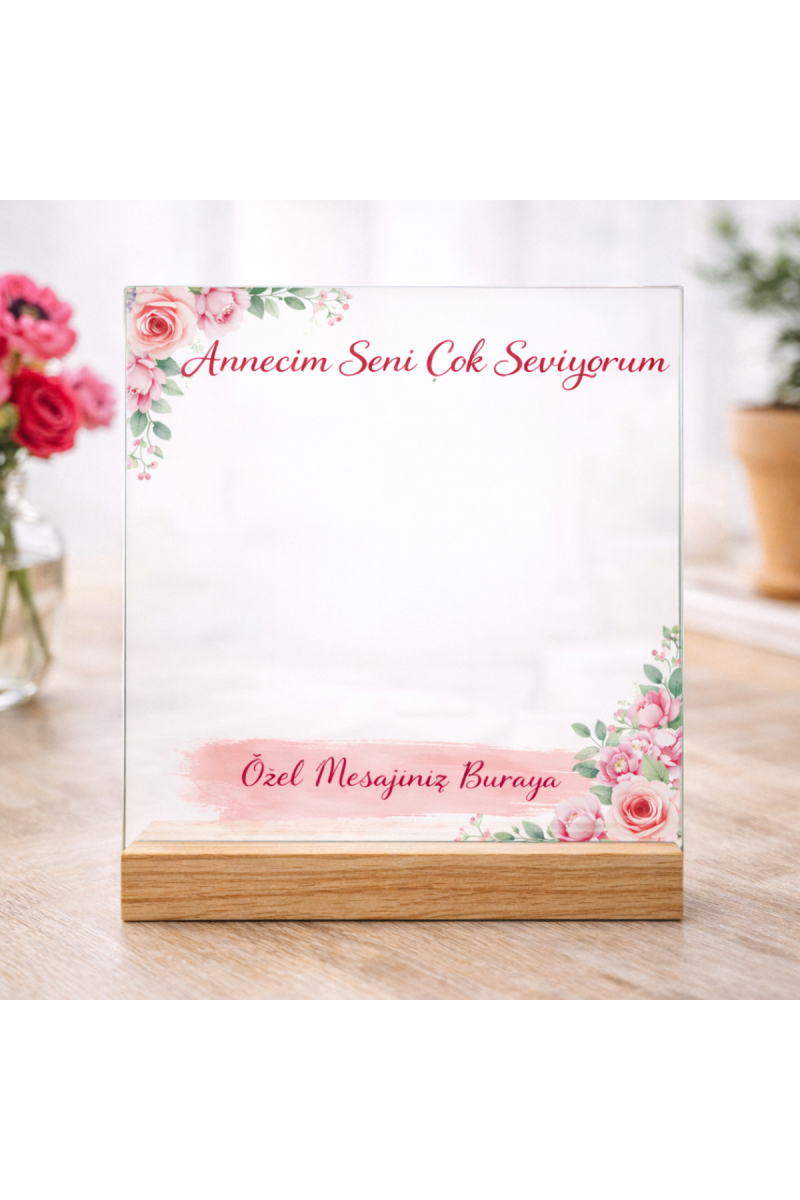 Kişiye Özel Anneler Günü Fotoğraflı Pleksi & Cam Tablo 20x20 cm Ahşap Ayaklı