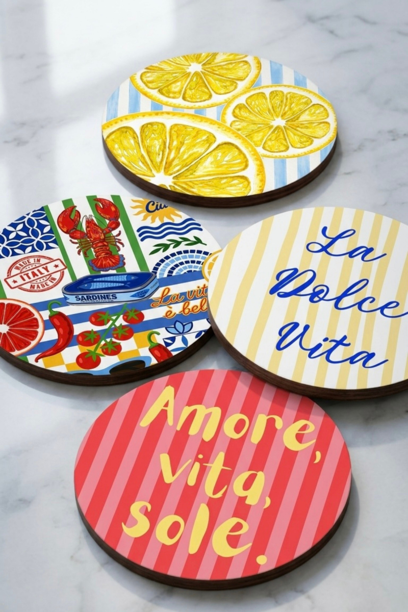 La Dolce Vita Bardak Altlığı 4'lü Set – Sicilya Temalı - 9 cm, 3 mm MDF, UV Baskı, Dekoratif Bardak Altlık