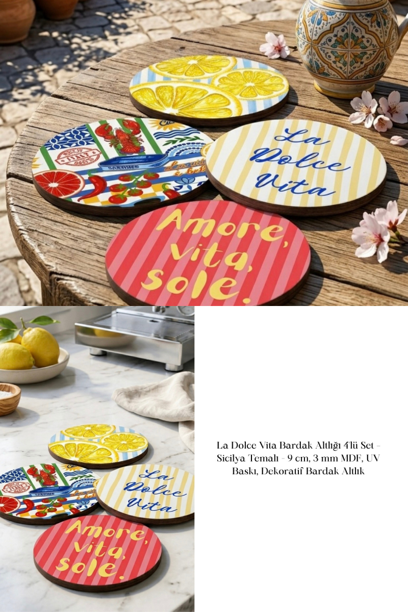 La Dolce Vita Bardak Altlığı 4'lü Set – Sicilya Temalı - 9 cm, 3 mm MDF, UV Baskı, Dekoratif Bardak Altlık