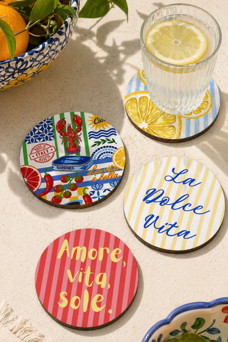 La Dolce Vita Bardak Altlığı 4'lü Set – Sicilya Temalı - 9 cm, 3 mm MDF, UV Baskı, Dekoratif Bardak Altlık