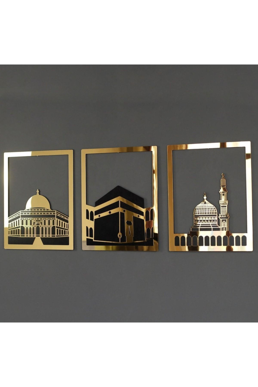 Şıkşok Mescid-i Aksa Mescid-i Haram & Mescid-i Nebevi Kare 3'lü Set Islami Dekor