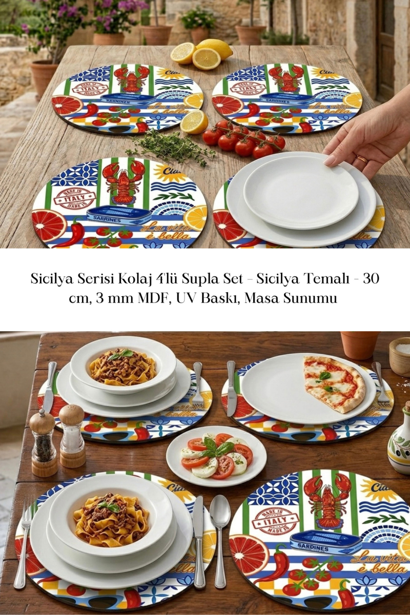 Sicilya Serisi Kolaj 4'lü Supla Set – Sicilya Temalı - 30 cm, 3 mm MDF, UV Baskı, Masa Sunumu