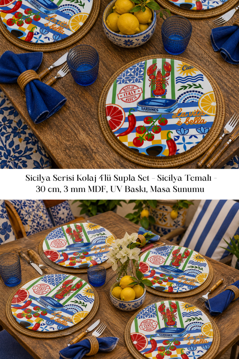 Sicilya Serisi Kolaj 4'lü Supla Set – Sicilya Temalı - 30 cm, 3 mm MDF, UV Baskı, Masa Sunumu